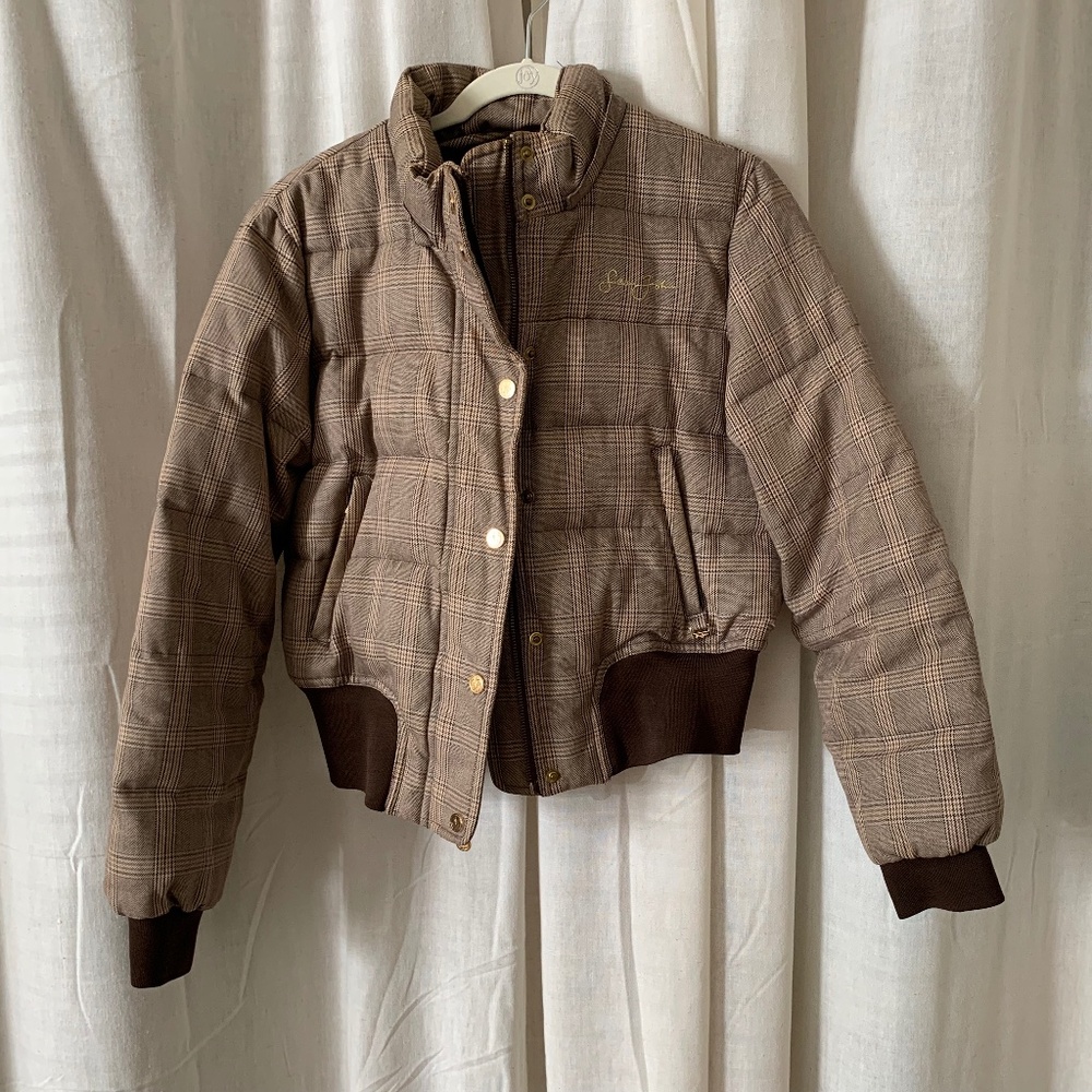 Sean John Women’s Plaid Puffer Jacket L | Cropped Bomber Style Gold Hardwarware - Picture 9 of 9